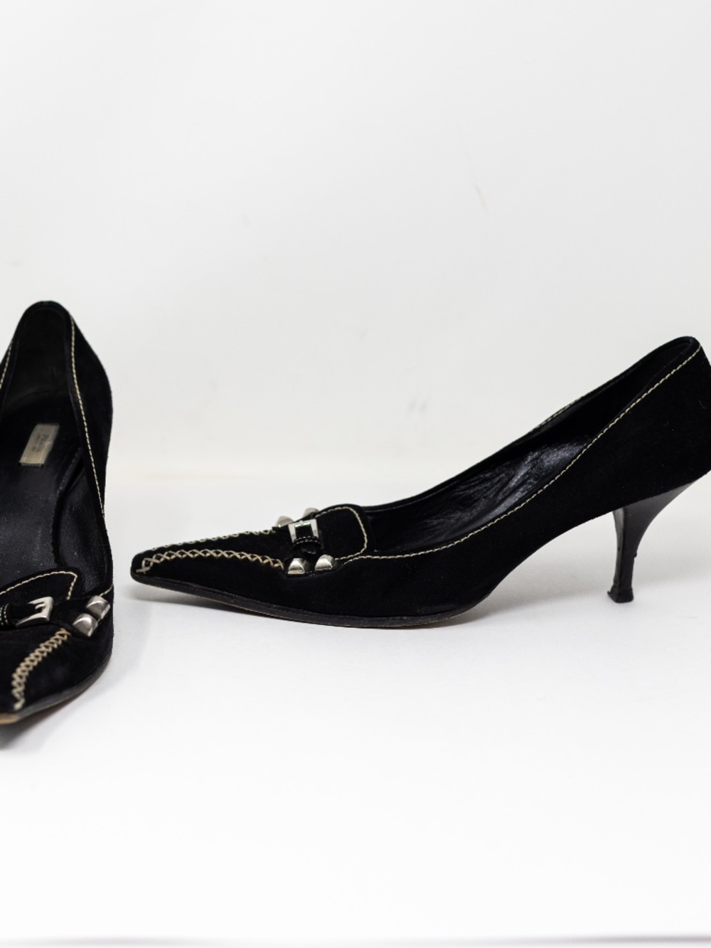 Prada Women's Vintage Made In Italy Suede Leather Studded Pointed Toe Heels 11